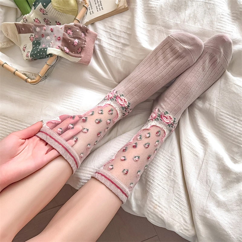 Fashion Woman Socks Retro Girls Summer New Thin Flower Socks Mixed-color Sweet Long Casual Transparent Socks Cute Spring Comfort