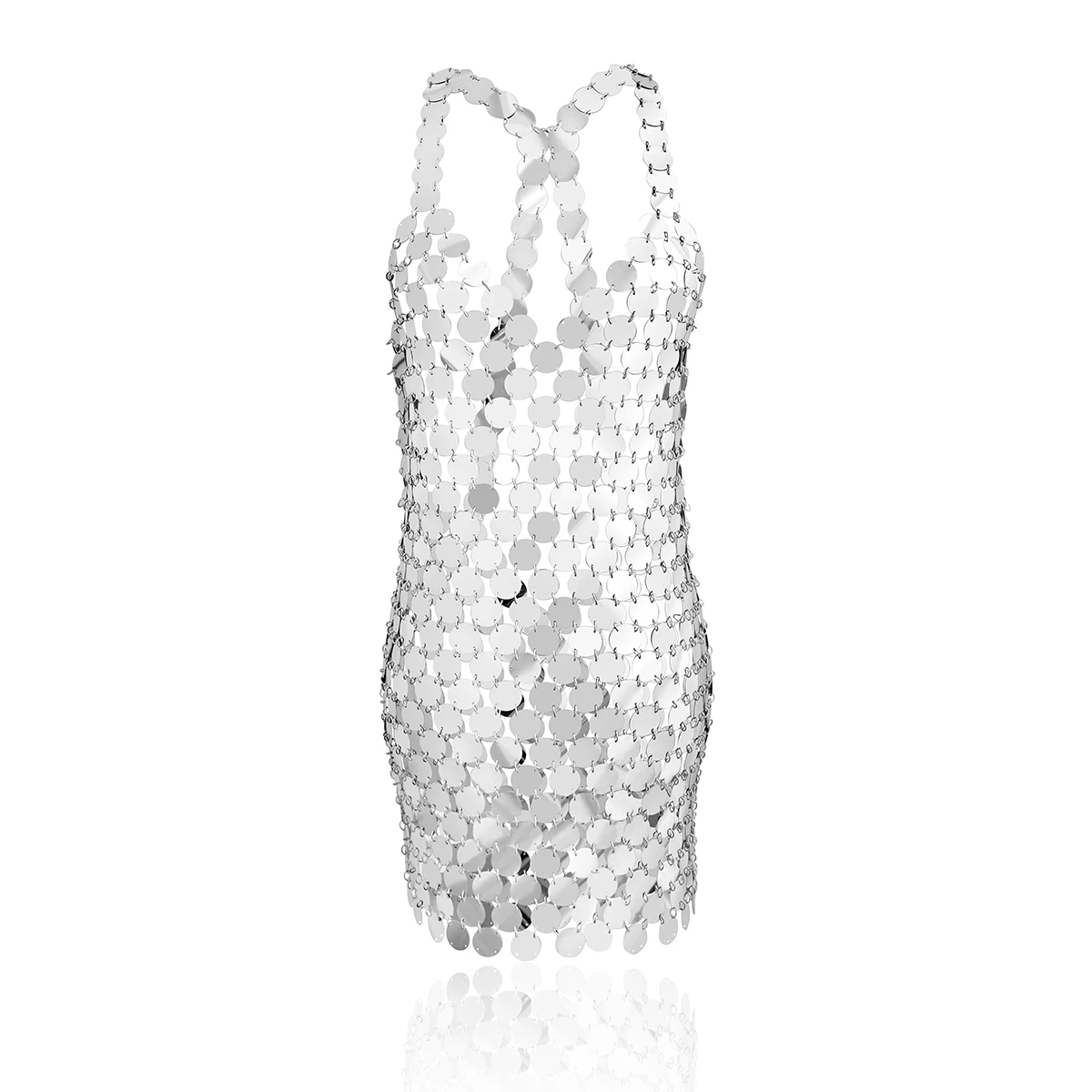 Fashion Shiny Plastic Sequins Dress for Women Sexy Sleeveless Backless Split Hollow Out Evening Wear Mid Calf Party Body Jewelry