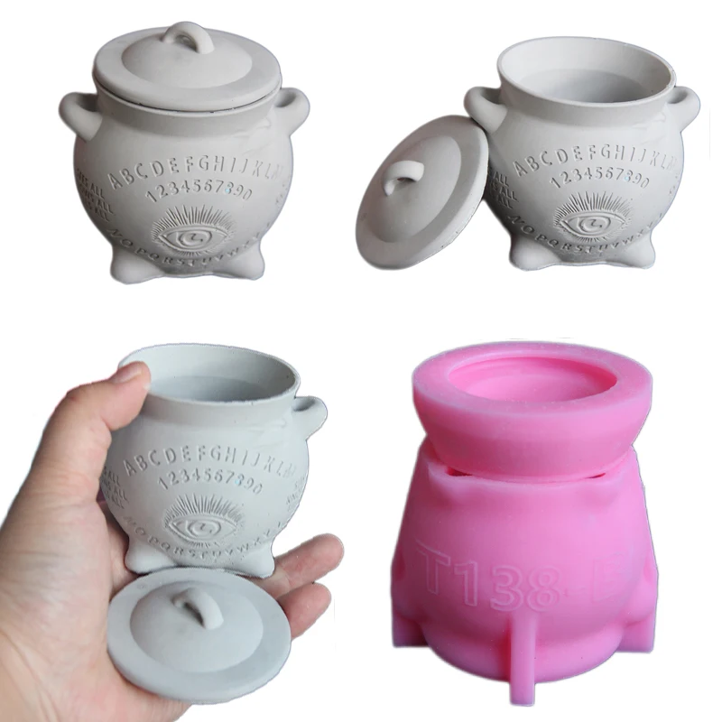 Molde para tarro de bruja, decoración de ojos, tarro de vela, molde de silicona adecuado para hormigón, bricolaje, regalo de Halloween, tarro de bruja con tapa