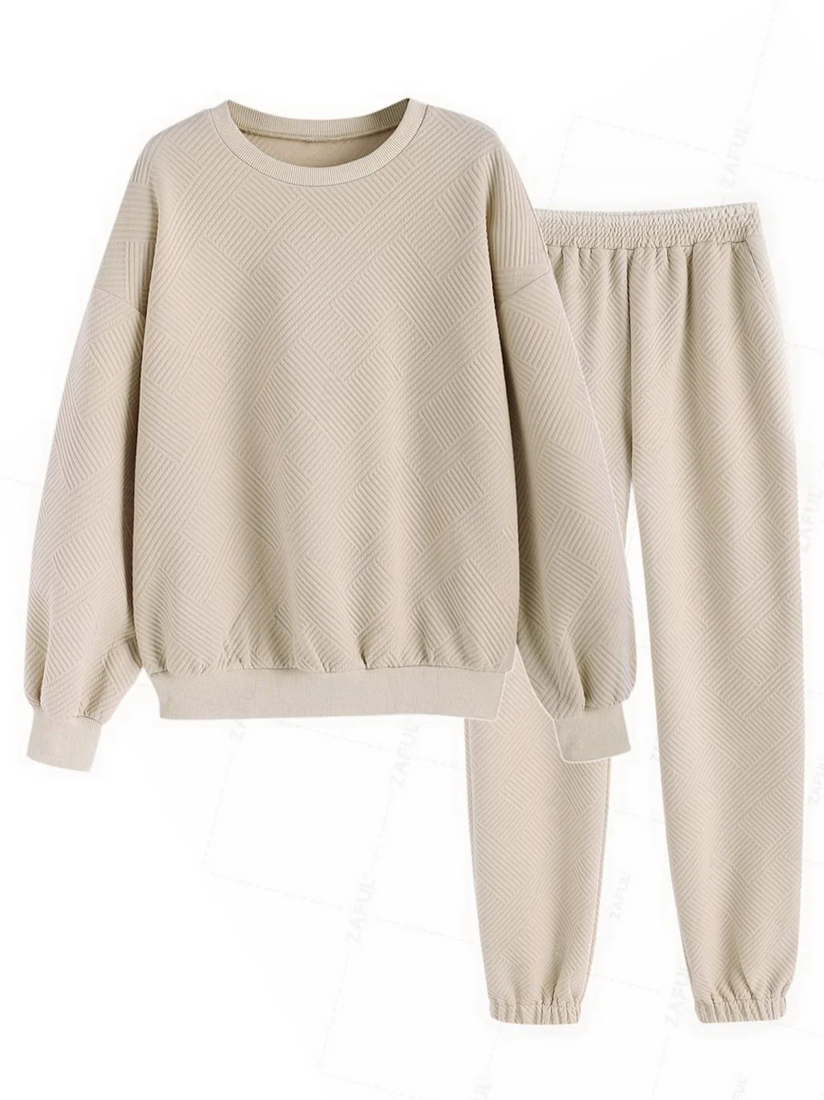 

ZAFUL Women's Matching Co Ord Athleisure Daily Lounge Solid Color Jacquard Textured Long Sleeve Drop Two Piece Sweat Set 2024