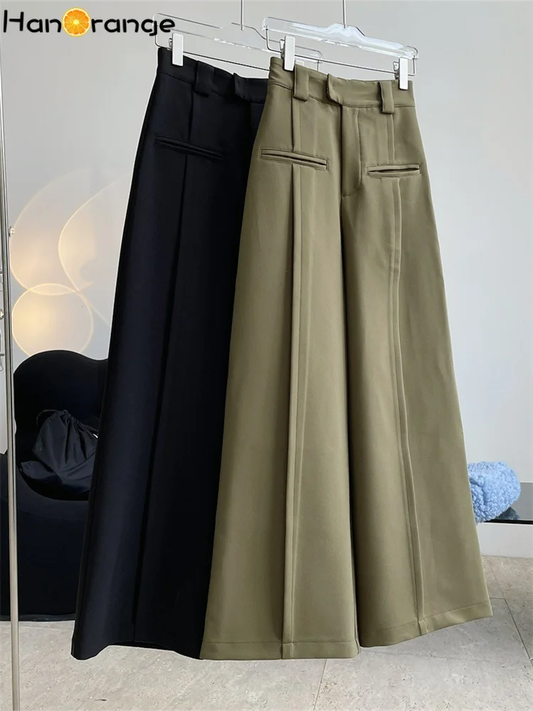 HanOrange 2024 Autumn Winter Fashion High Waisted Wide Leg Pants Women Loose A-line Trousers Black/Olive Green