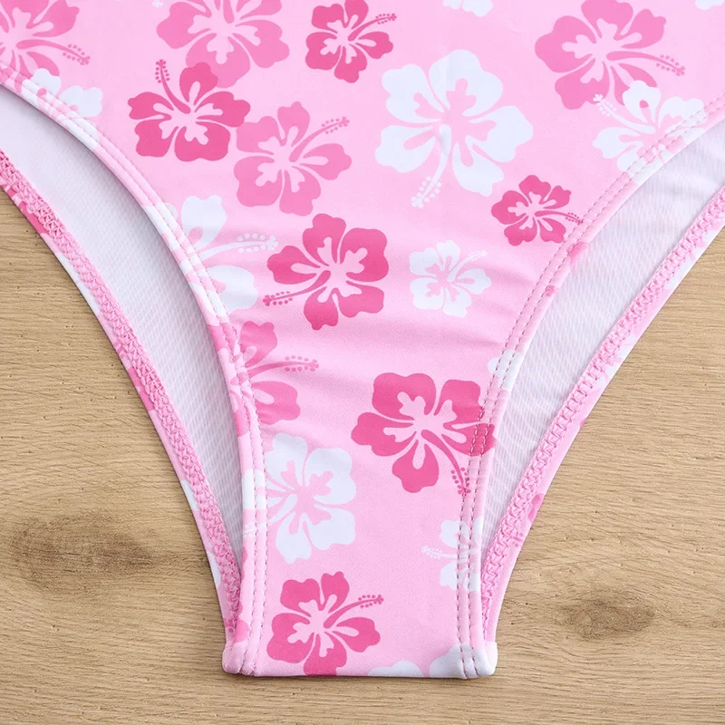 Pink Floral Print Mid Waist Bikinis Women 2024 Cut Out Two Pieces Swimsuit Beach Wear Separate Bikini Set Swim Bathing Suits