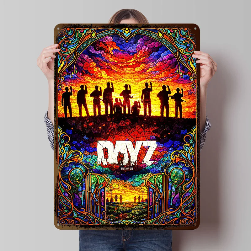 Affiche en tôle DayZ motif vitrail, Art mural personnalisé, Panneaux métalliques vintage, Plaques rétro pour décoration de chambre, Panneau en tôle gaming, Décoration maison