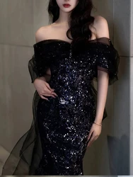 Customized Elegant Luxury Trailing Bow Long Gown Sexy Short Sleeves Evening Mermaid Dress Wedding Mesh Slash Neck Slim Waist For