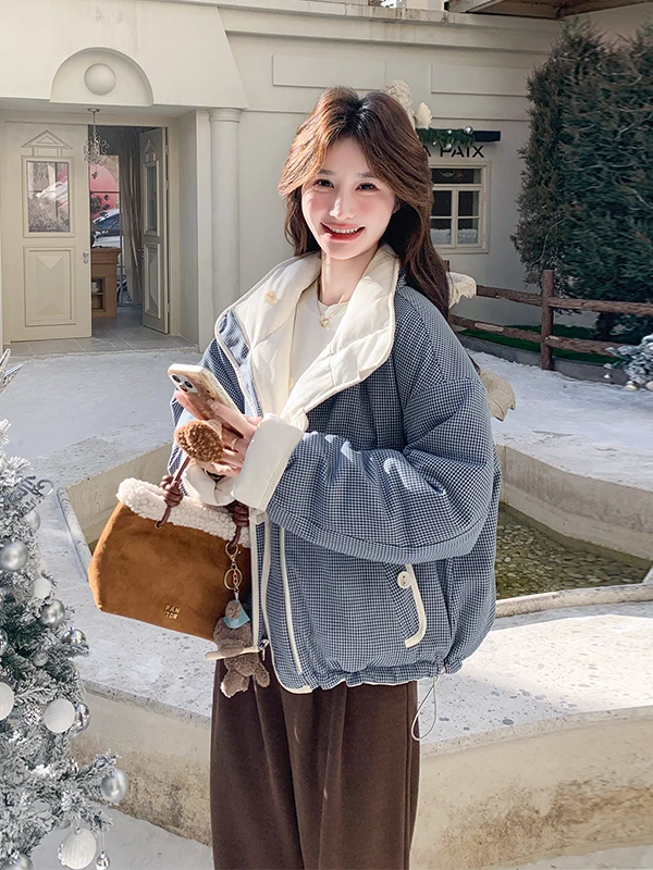 Giacca Imbottita da Donna Reversibile con Collo Alto, Stile Tartan, Nuova Collezione Invernale 2025, Design Coreano Giovanile e Caldo