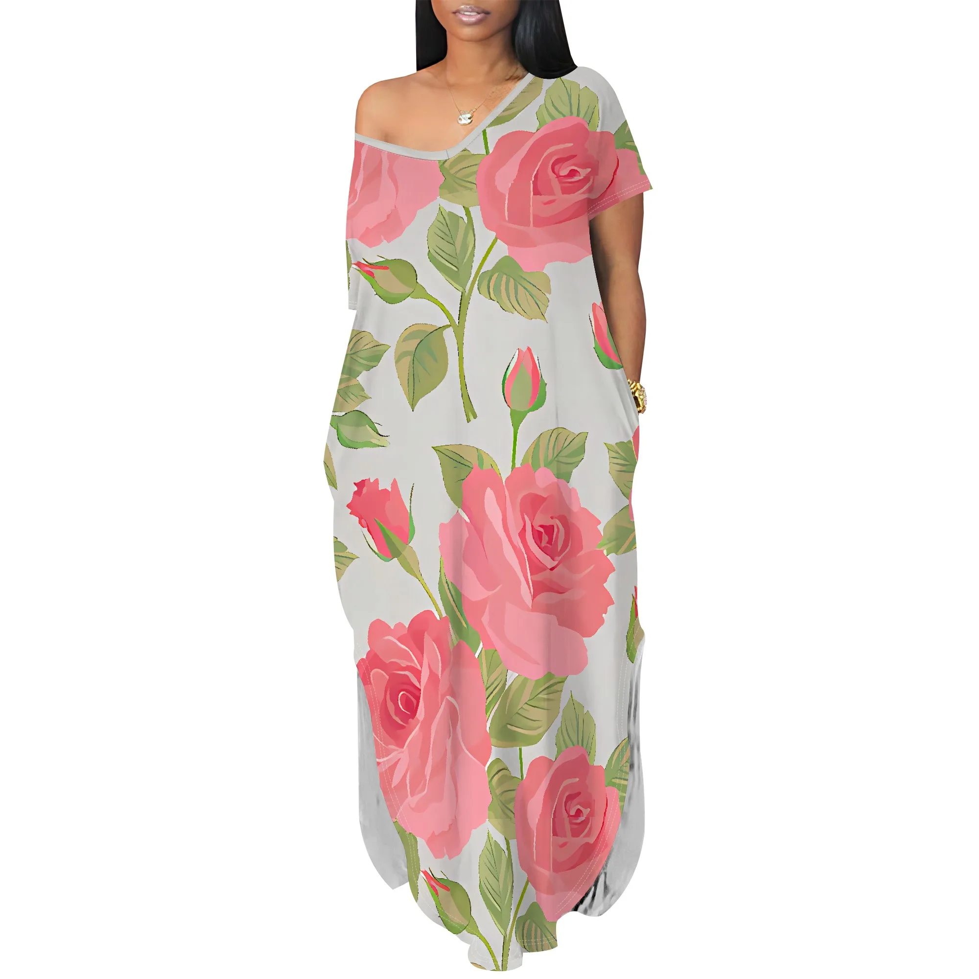 Romantic Rose Off Shoulder Maxi Dress for Women Summer Casual Streetwear