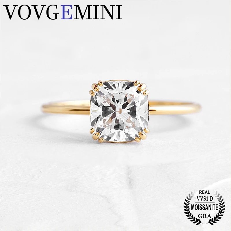 

VOVGEMINI 1ct Moissanite 18k Yellow Gold Ring Square Cushion Cut Triple Prong Threaded Ring Women Solitaire Wedding Band