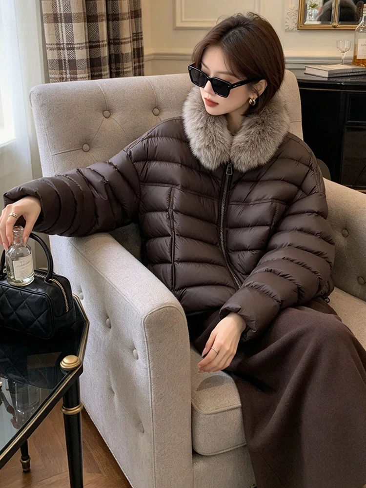 Winter Short Natural Fur Collar Puff Down Jacket Female Warm Thick Cold Proof Jacket Women White Duck Down Zipper Parker Outwear