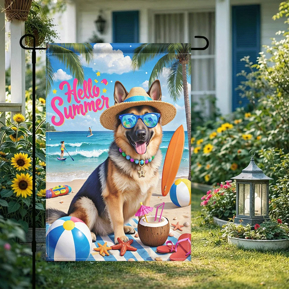 

1PC Hello Summer German Shepherd Beach Garden Flag, Tropical Palm Tree Ocean Scene Outdoor Decor, Cute Dog wi
