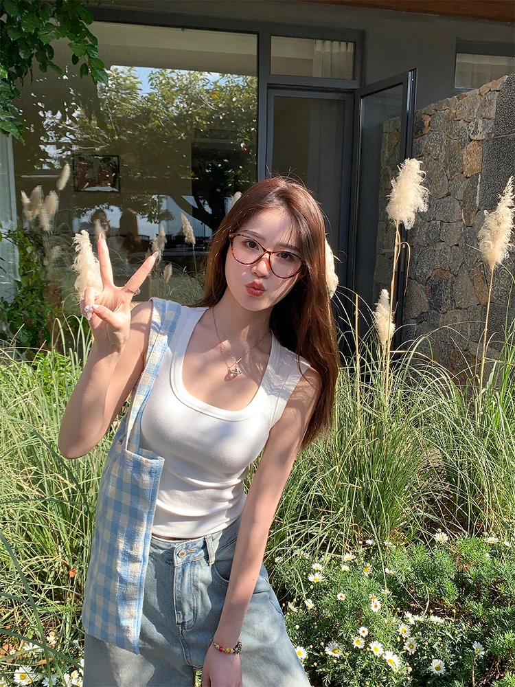 Colete feminino top coreano Sle verão roxo agasalhos U-Neline Svel regata com exposição Ba para escritório e casual...