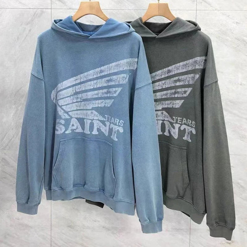 American Retro Casual SAINT Hoodie Street Washed Do Old Letter Print Pullover High End Brand Men Women Loose Saint Sweatshirt