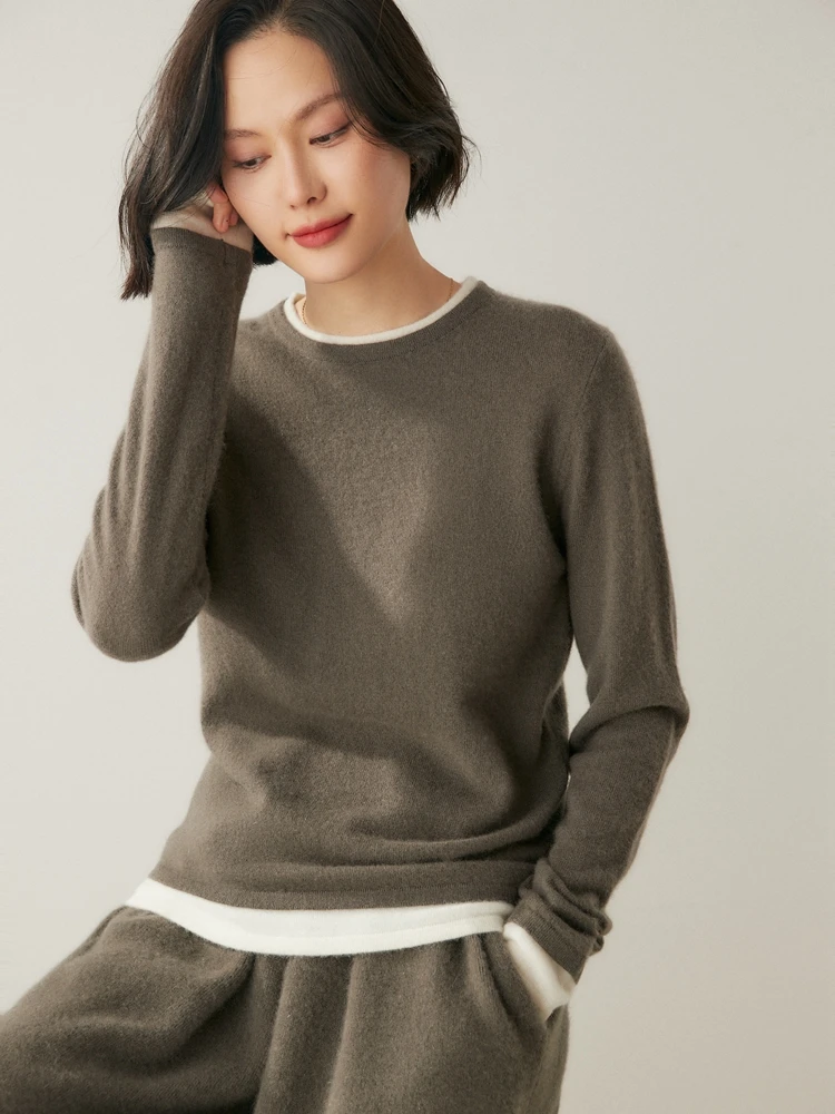 

High Quality Women Fake Two Sweater O-neck Pullover 100% Cashmere Knitwear Autumn Winter Basic Soft Korean Popular Clothing Tops