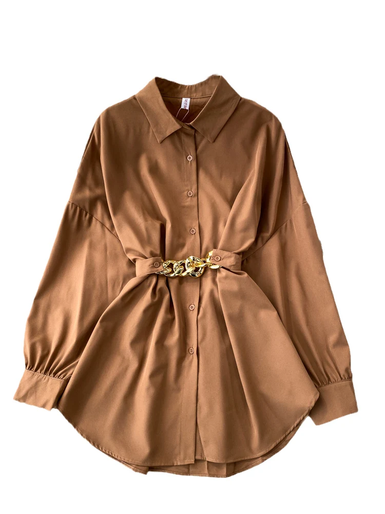 

Spring Autumn Hong Kong Sle Retro Chic Loose Belted Single Button irt Dr Women's Casual Design Top Korean Commute Sle