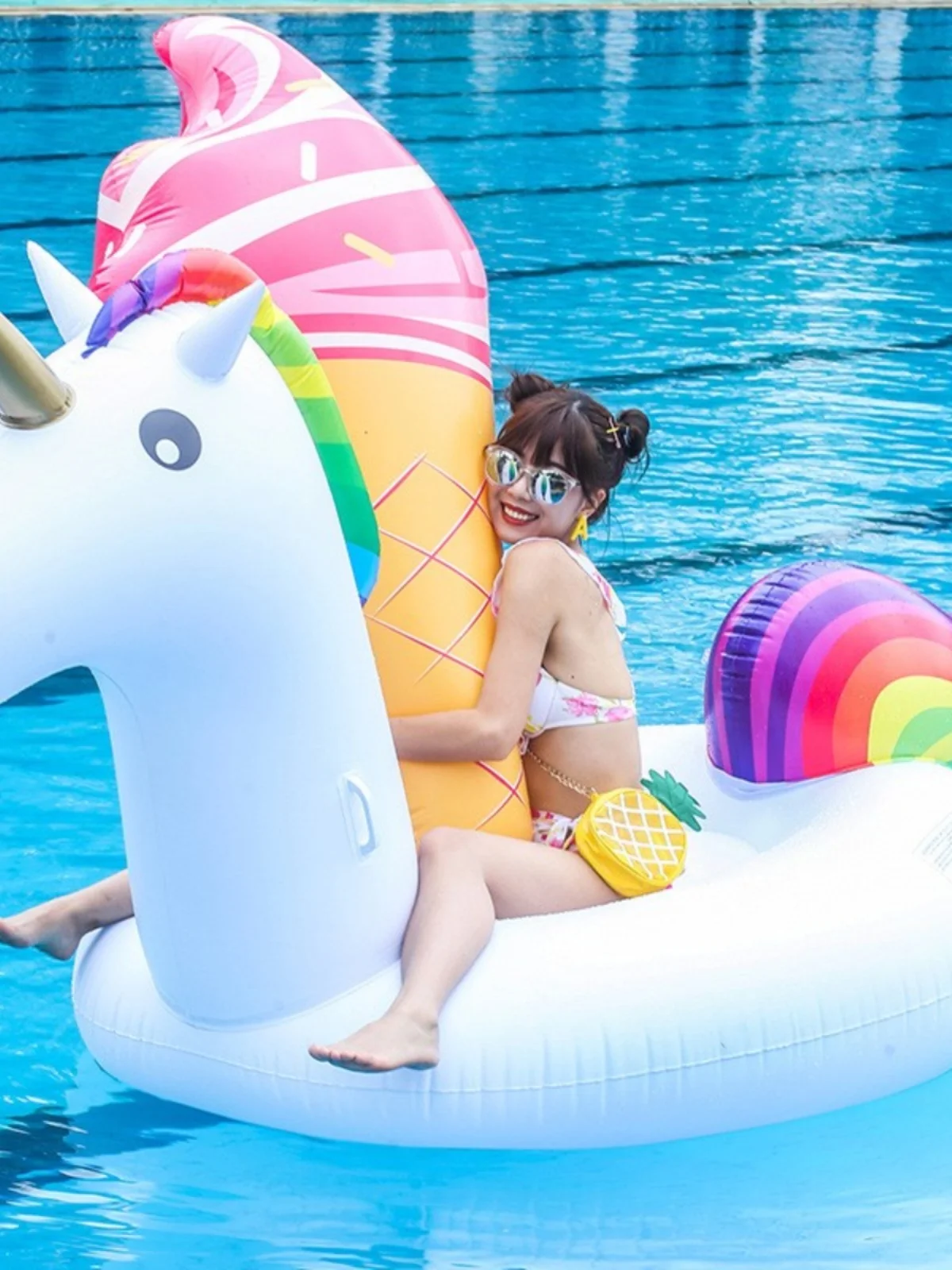 Inflatable floating row animal mount recliner unicorn swimming ring life buoy large water adult children floating bed play