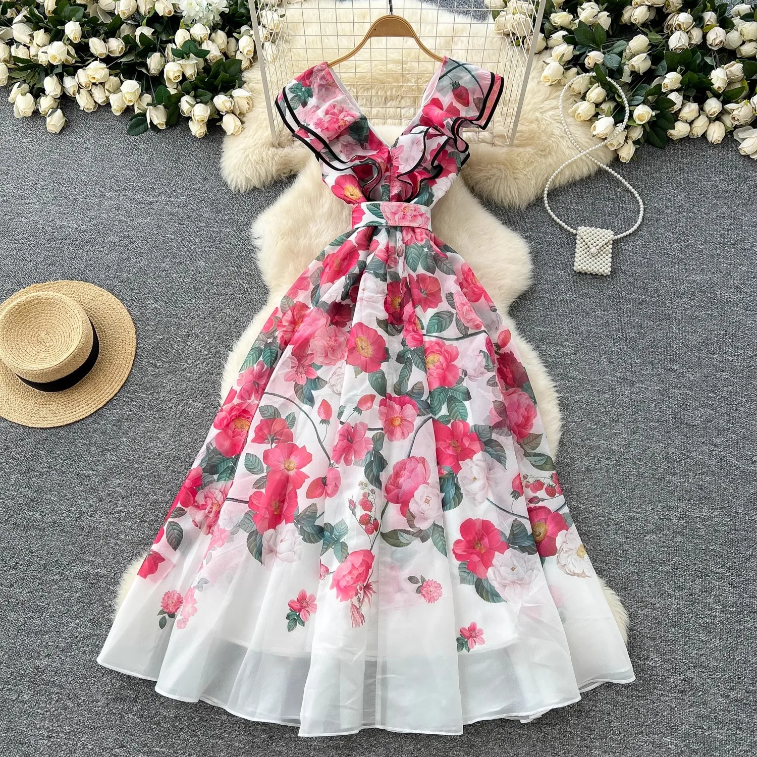 2025 Summer Gorgeous Flower Chiffon Holiday Dress Boho Women's V Neck Sleeveless Ruffles Floral Print Zipper Belt Long Robe