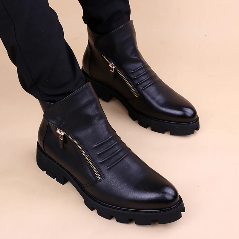 mens casual platform boots natural leather shoes black trendy chelsea boot cool autumn winter ankle botas party prom footwear