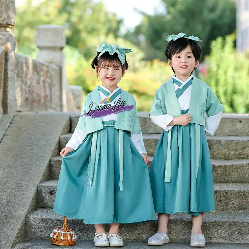 Dziecięce tradycyjne chińskie stroje, narodowe stroje edukacyjne, klasyczne Hanfu z motywem znaków, na ceremonię otwarcia szkoły, recital.