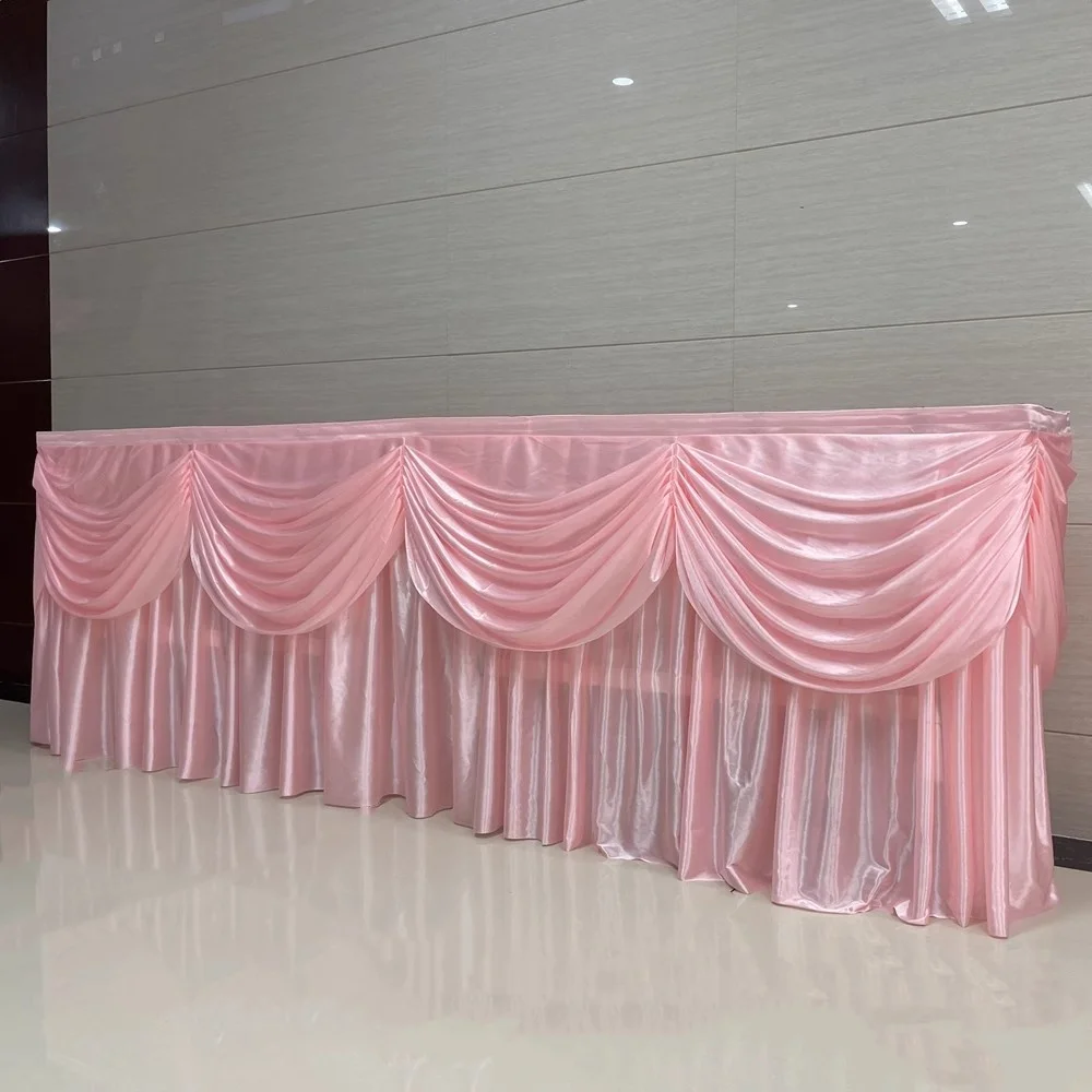 10FT Long Ice Silk Table Skirting with Valances Transparent Ice Silk Fabric Table Skirting Wedding Party Event Decoration