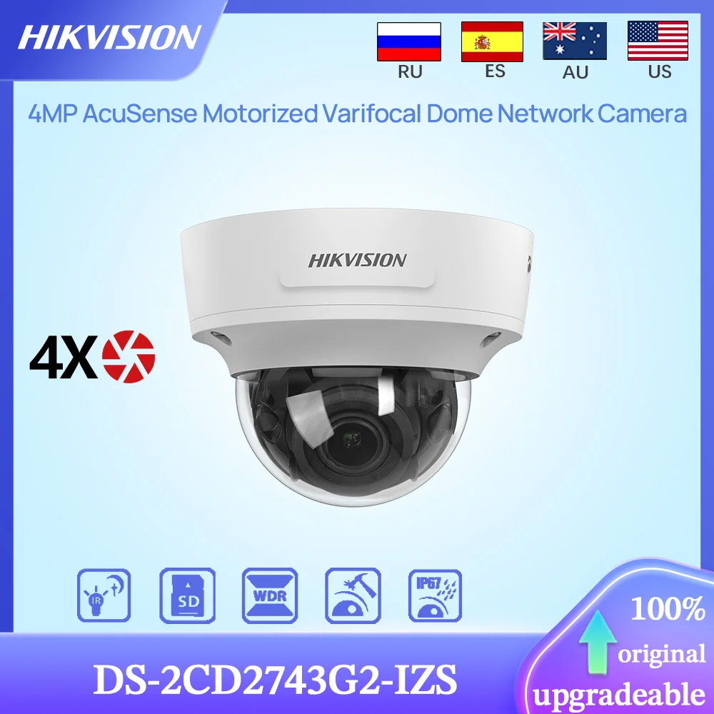 Hikvision Original DS-2CD2743G2-IZS 4MP IR 40M AcuSense 4X ZOOM Motorized Varifocal Dome Network Camera SD Slot Alarm I/O IK10