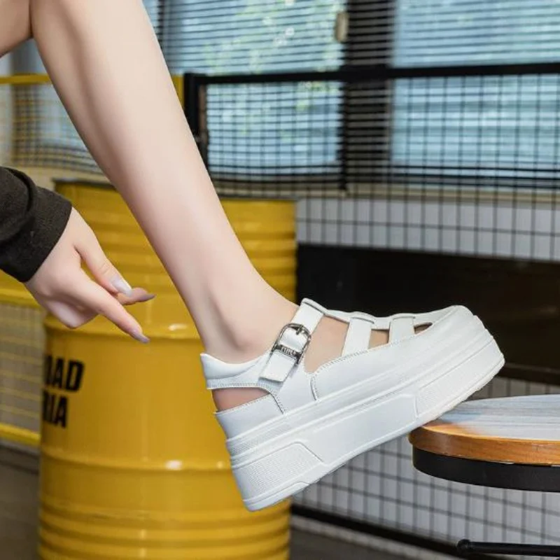 8.5cm Hollow Full Cow Genuine Leather Women Summer Shoes Platform Sneakers Wedge Hidden Heel Women Summer Sandals Platform 34-39 view 6