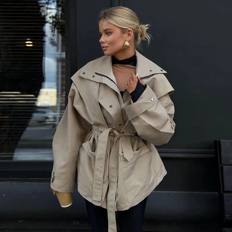 Damen-Windbreaker mit Revers und Schnürung, einreihiger Trenchcoat für Frühling und Herbst, langärmelige, schmale Jacke, neue Oberbekleidung – Detail 20