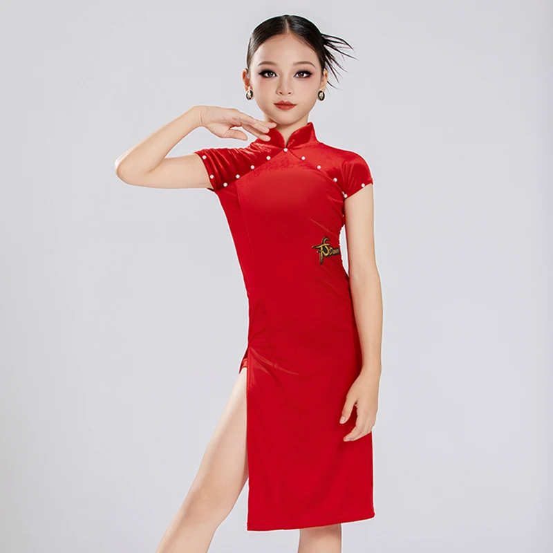 Ropa de baile latino de terciopelo para niñas, Cheongsam de estilo chino, uniforme de competición de baile latino, disfraces para niños