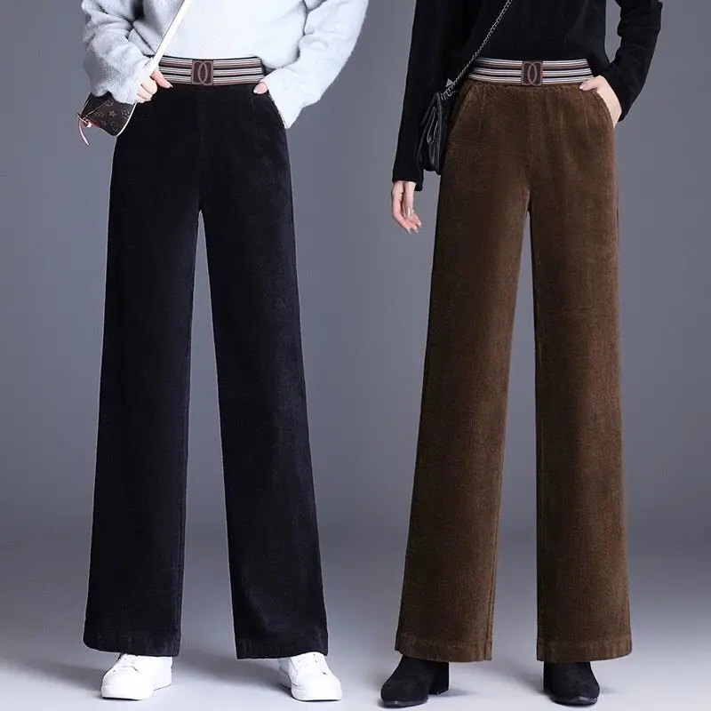 Autumn Winter Corduroy Warm Straight Pants Vintage Elegant Fashion High Waist Elastic Loose Casual Women Wide Leg Trousers 2022