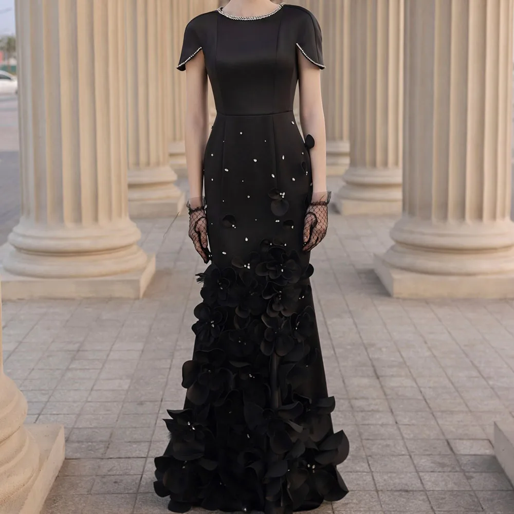 

Customized A-Line Prom Dresses Floor-Length O-Neck Sleeveless Evening Gown Fashion Flowers Crystal Simple Draped Party Gown