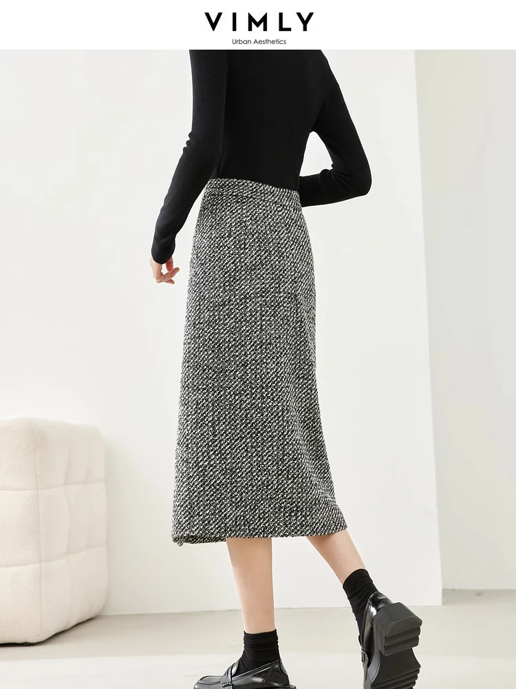 Vimly French Style Wool Blend Black Striped Skirts 2023 Winter Quilted Thick Elastic Waist  A-line Split Midi Skirt Female M3922