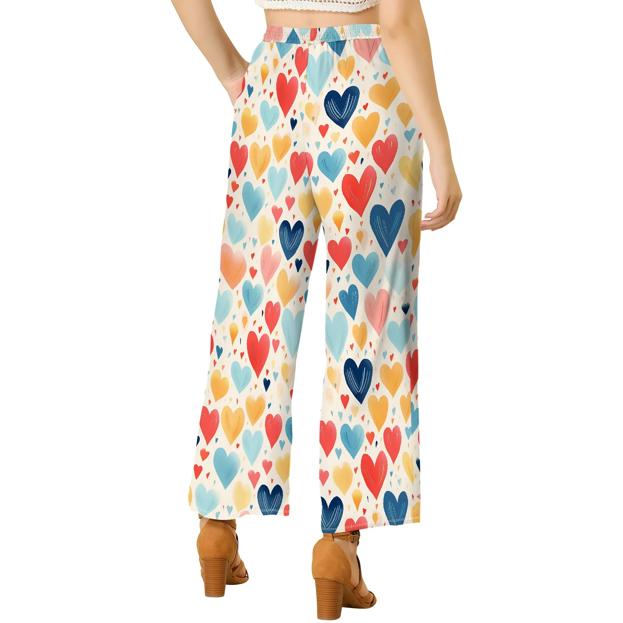 Women's Wide Leg Ankle-Length Pants Heart Print Casual Elastic Loose Breathable for Casual Dating Shopping Beach Party
