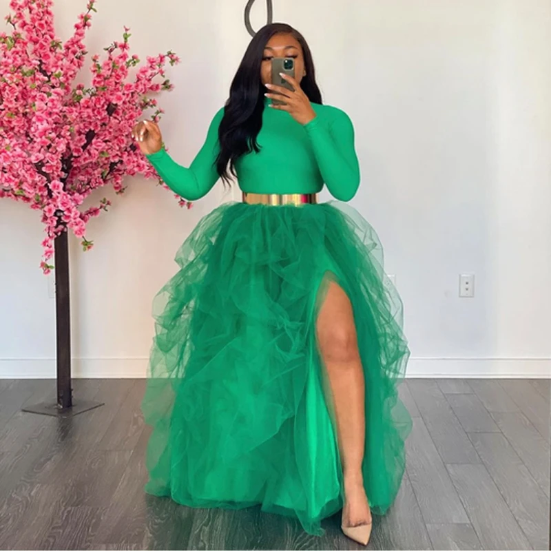 Grass Green Women Skirt Skirts Women Fashion Party Tutu Tulle Skirt Maxi Split Full Length jupe femme faldas