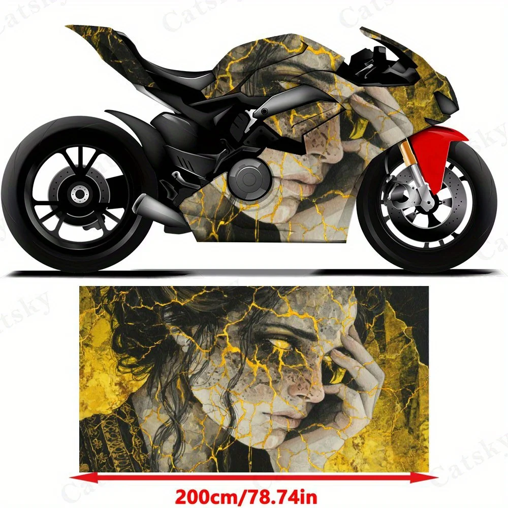 Fantasy Woman with Cracks and Gold Liquid Motorcycle Film Stickers, Durable PVC Adhesive Decals for Motorcycle Customization, We
