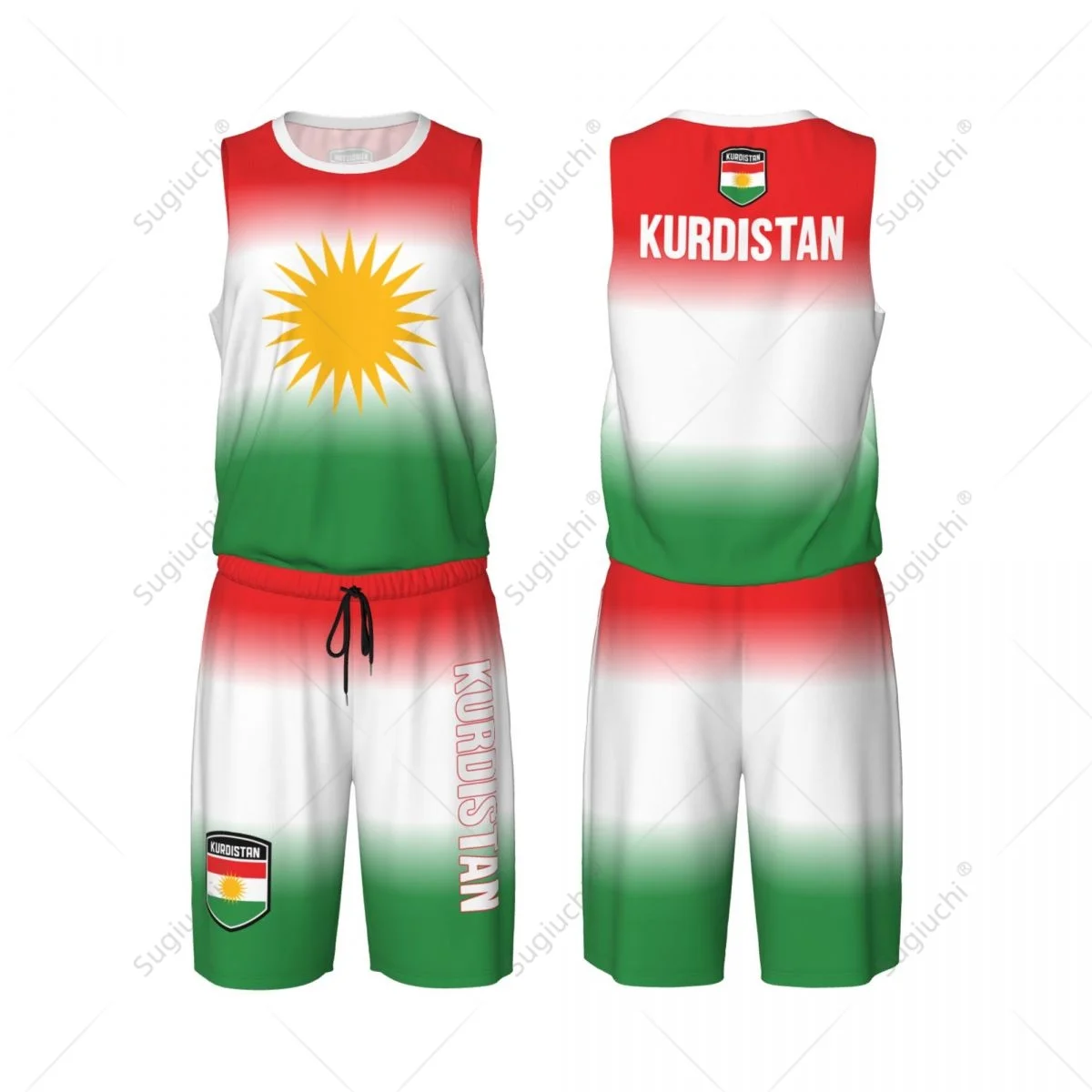 Men Kurdistan Flag Basketball Jersey Set Mesh Shirt & Pants Sleeveless Exclusive Team-up Custom Name Nunber Unisex