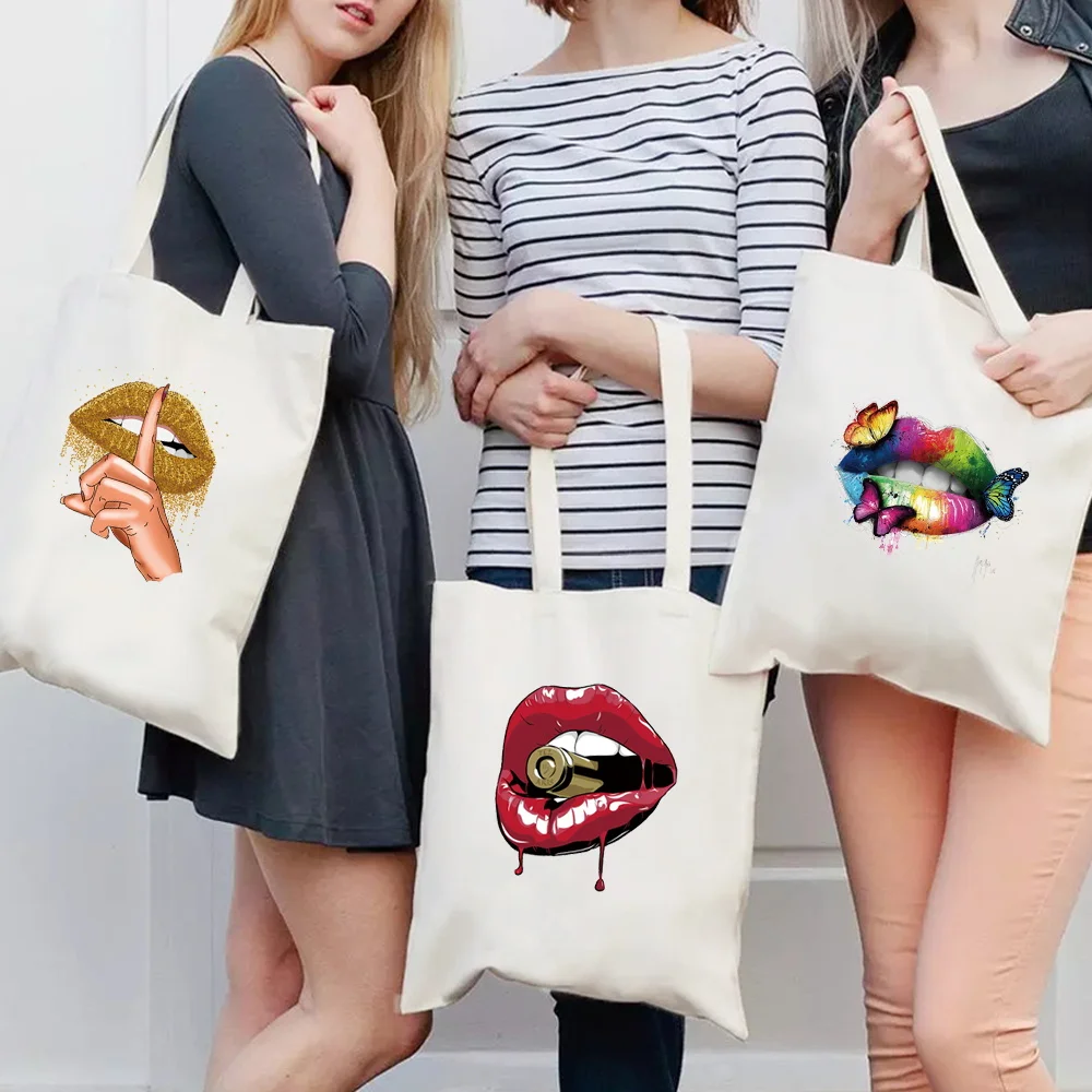 

Shopping Bags Women Casual Tote Bag Canvas Shopper Butterfly Lips Print Shoulder Bag Portable Eco Handbags Reusable Grocery Bags