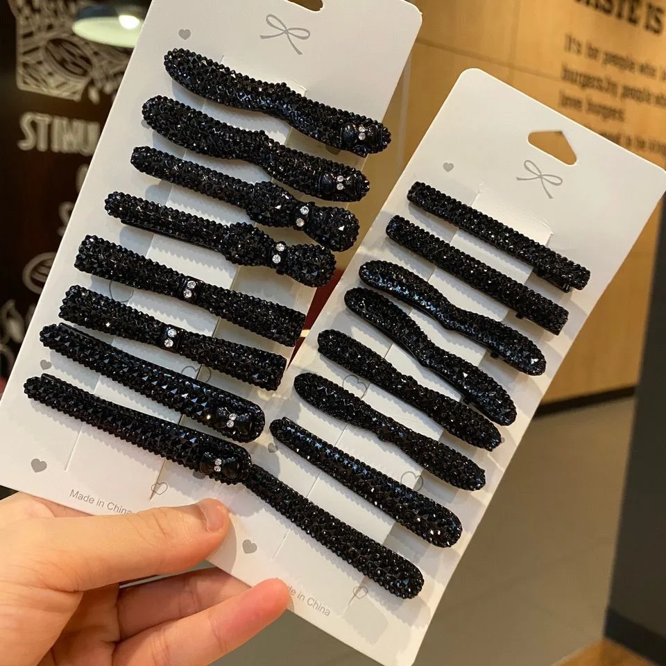 8Pcs/Set Flash Black Rhinestone Combination Premium Hair Clips Set Headwear For Women Girls Geometric Styling Accessories