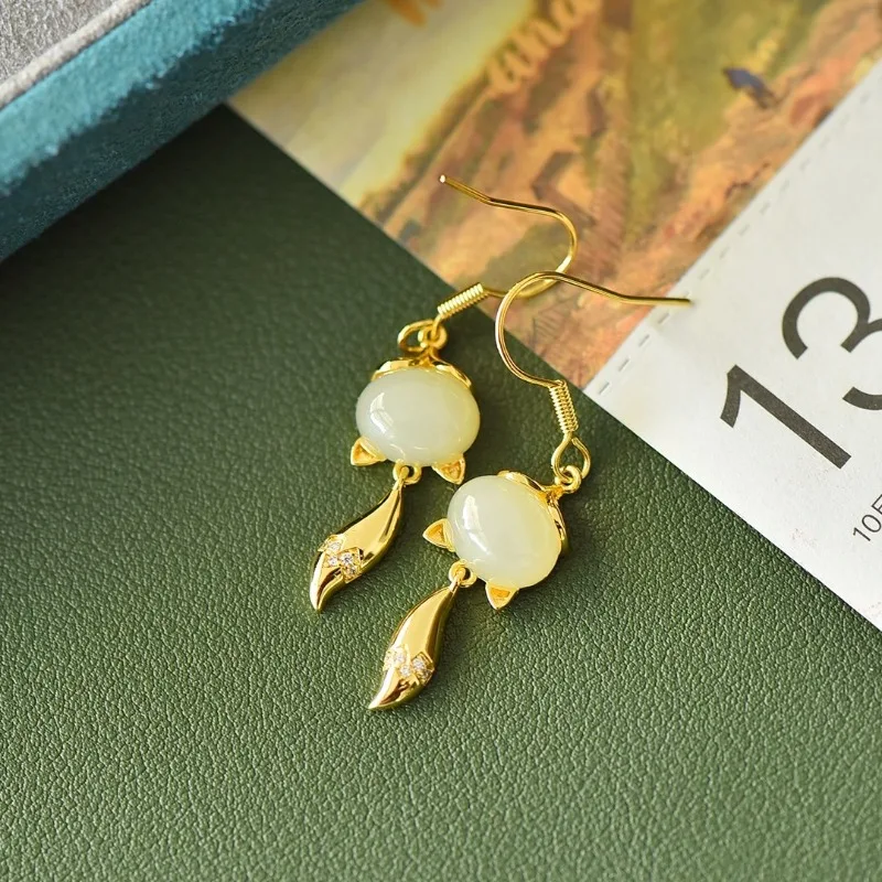 

Exquisite Copper Inlaid Hetian Jade White Jade Beautiful and Moving Women's Earrings