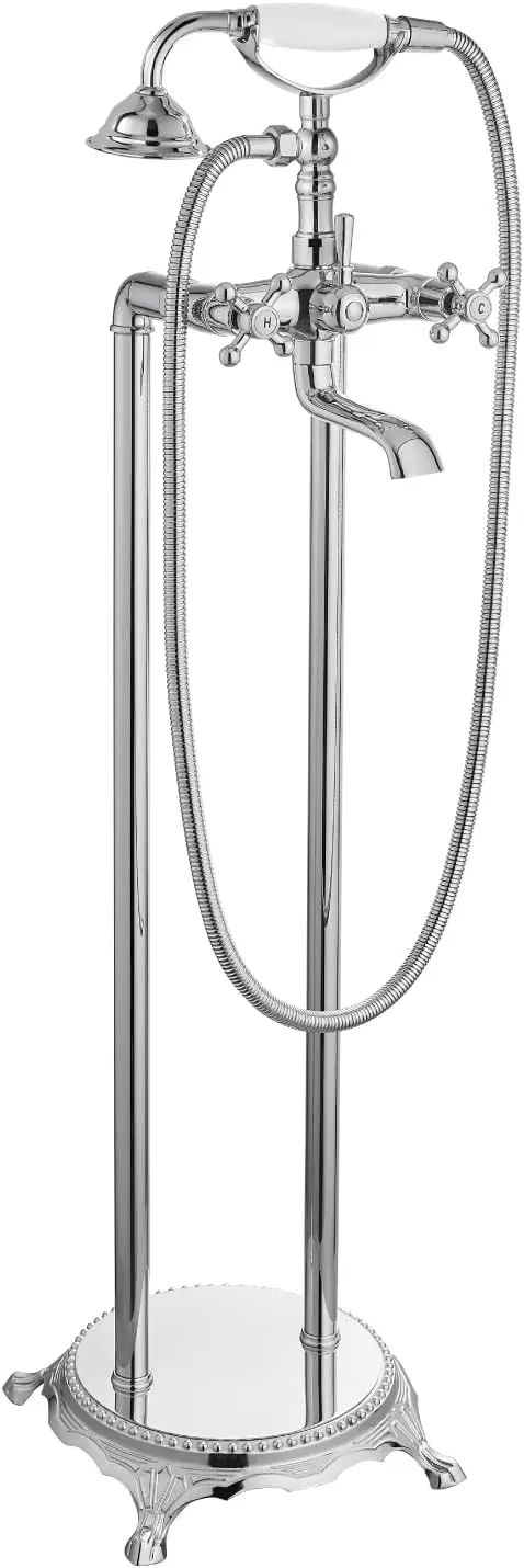 

Polished Chrome Bathtub Floor Mounted Freestanding Faucet Tub Filler With Handheld Shower Spray Double Cross Knobs Telephone