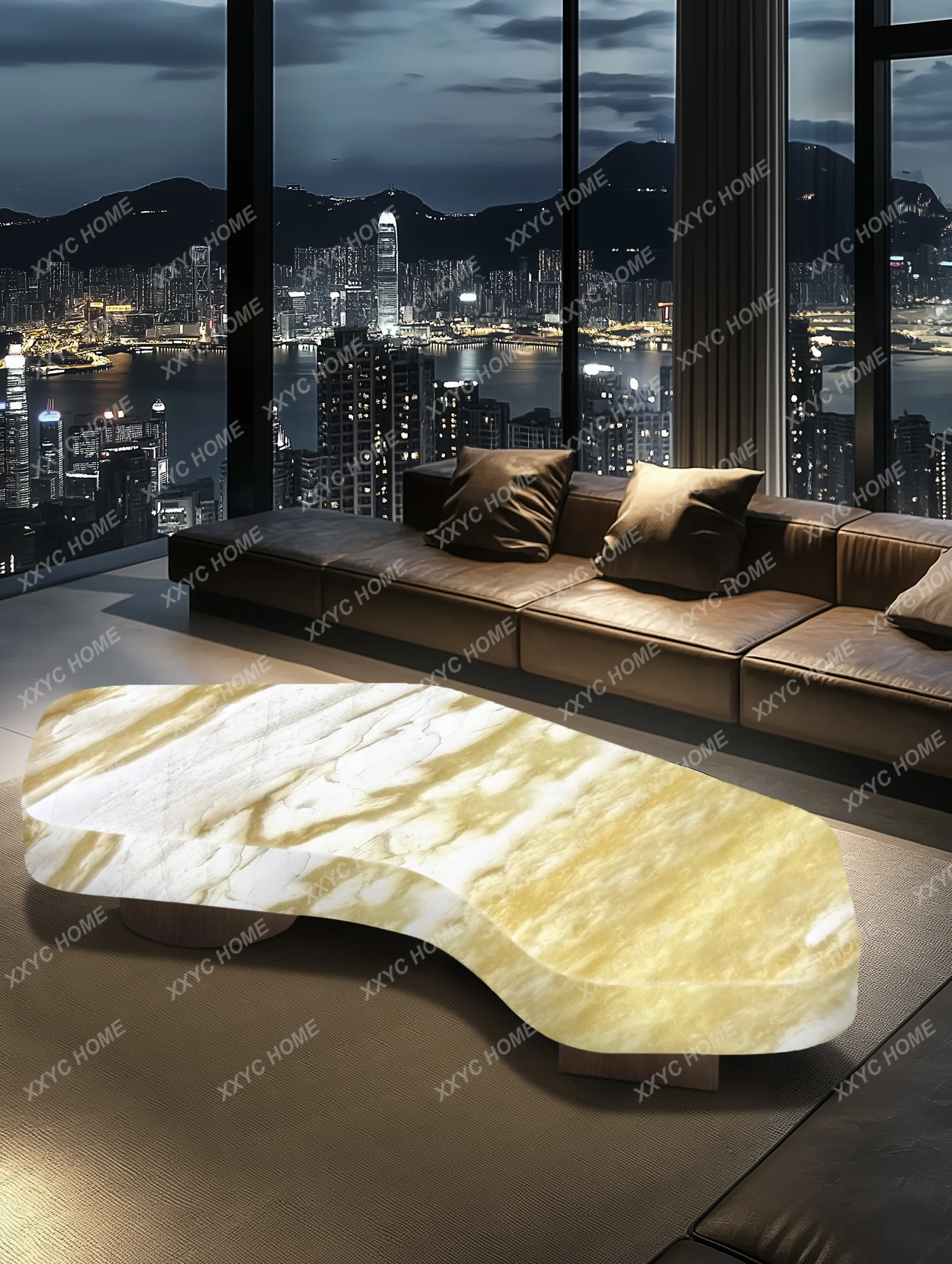 H Living room coffee table luminous jade luxury stone white ice jade meniscus light luxury advanced large flat layer