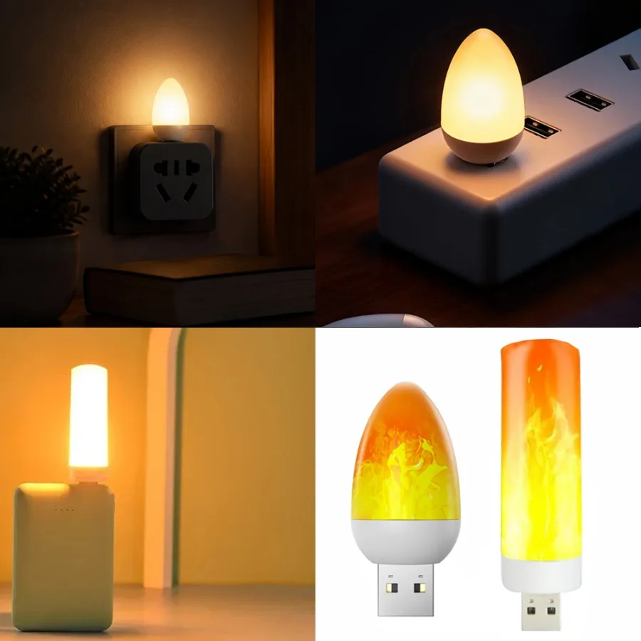 2-1pcs USB LED Flame Light Dynamic Flame Effect Fire Flicker USB Atmosphere Light Night Light Bedroom Car Accessories Decoration