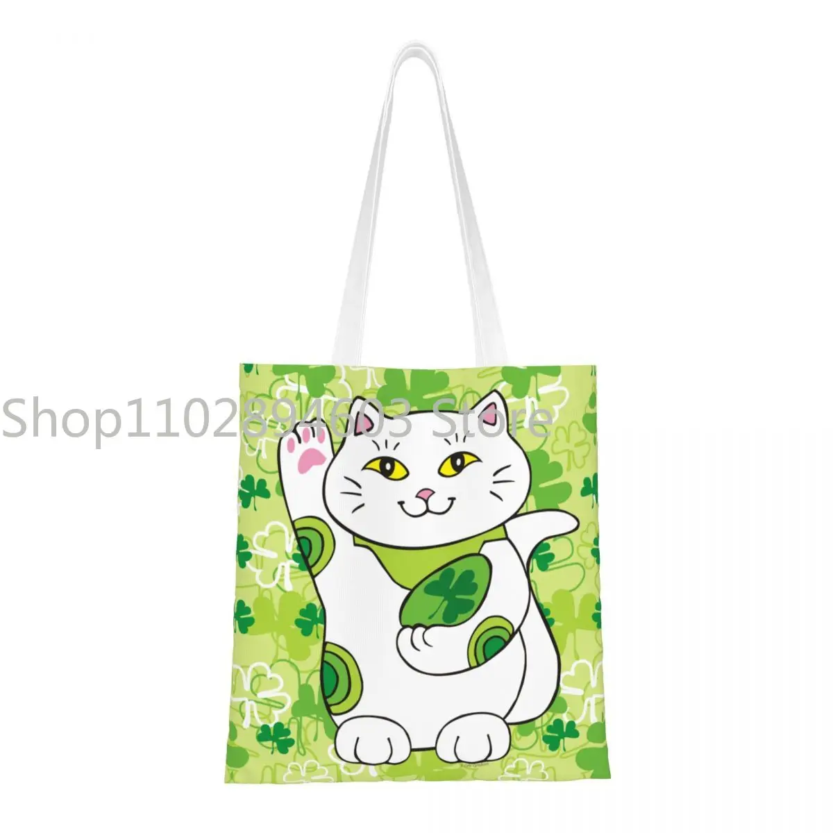 Women Men St. Patrick's Day Maneki Neko Tote Bags Canvas Lucky Cats Shopping Bag for Child Handbags