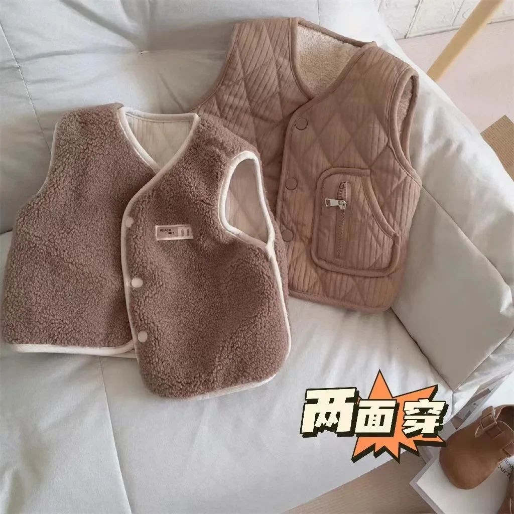 New Kids Autumn Winter Fleece Warm Vest Reversible Vest Girls Boys Lightweight Children Sleeveless Layering Trendy School Casual