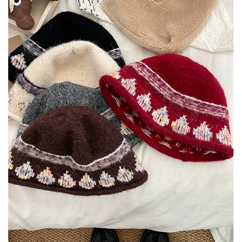 

Korean Fair Island Jacquard Jelly Beans Knitted Bucket Hat Ins Show Small Face Cover Curling Wool Basin Hat Women