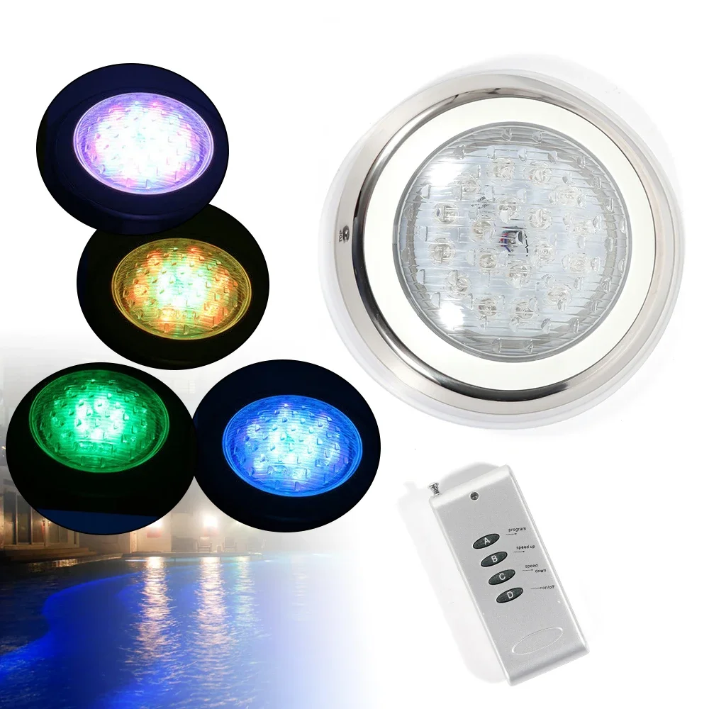 12V 54W Pool Light Underwater Color-Change LED Lights RGB IP68 with Remote (54W Stainless Steel Shell)