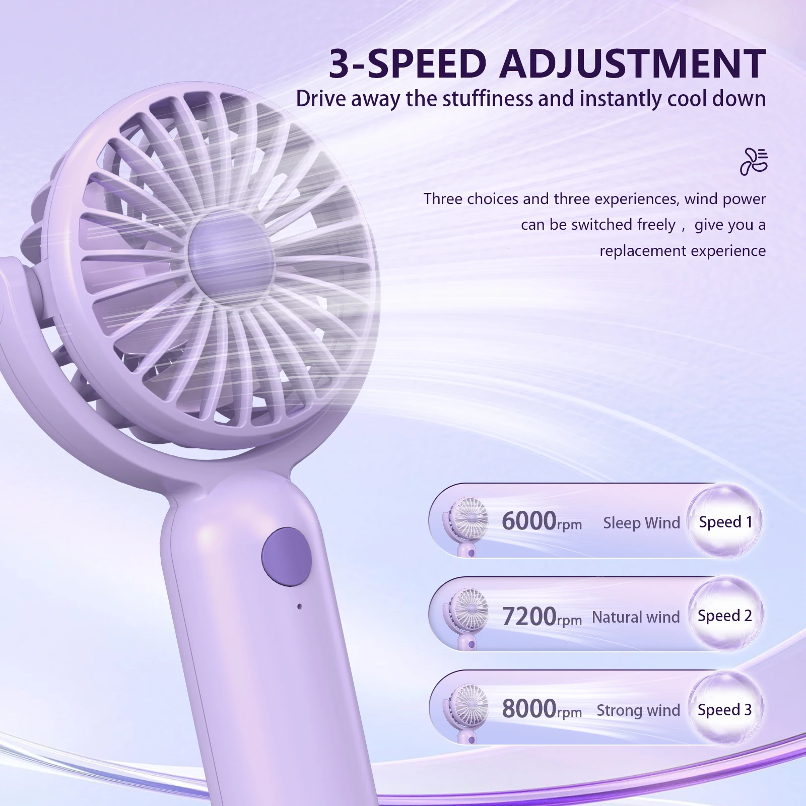 Portable handheld mini fan, lightweight, three-speed adjustable, detachable cover, equipped with lanyard