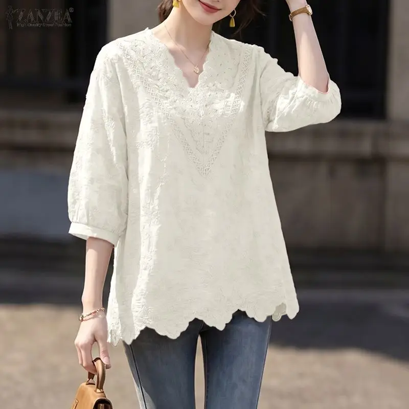 

Летняя блузка ZANZEA 2026 в богемном стиле с V-образным вырезом, элегантный топ с кружевными вставками, рубашка с рукавом 3/4, вышитая туника для работы