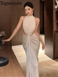 Topenomi High End Wedding Dress Women Sexy Hollow Out Twist Folds Slim Cocktail Evening Gown Elegant Sleeveless Party Long Robe