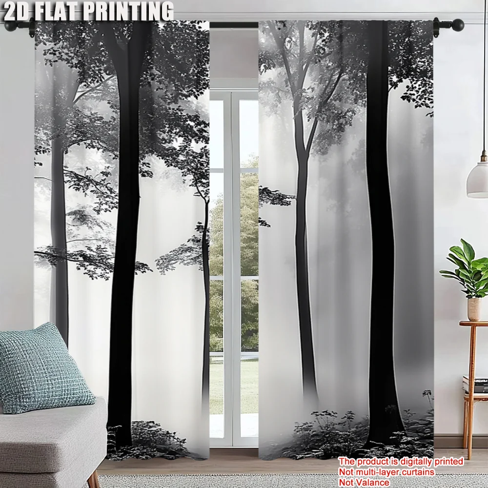 

2Pcs Mist Forest Theme Black And White Pattern Printed Window Curtain Rod Pocket Design For Bedroom Living Room Office And Home