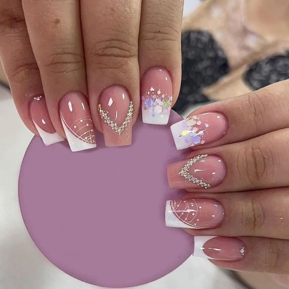 24 stücke Maniküre Kristall gefälschte Nials DIY lange quadratische französische falsche Nägel glitzern