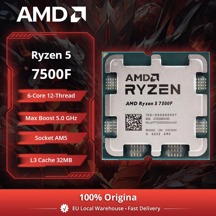 Processeur de bureau AMD Ryzen 5 7500F, 6 cœurs, 5,0 GHz, 38 Mo de cache, socket AM5 (refroidisseur non inclus)