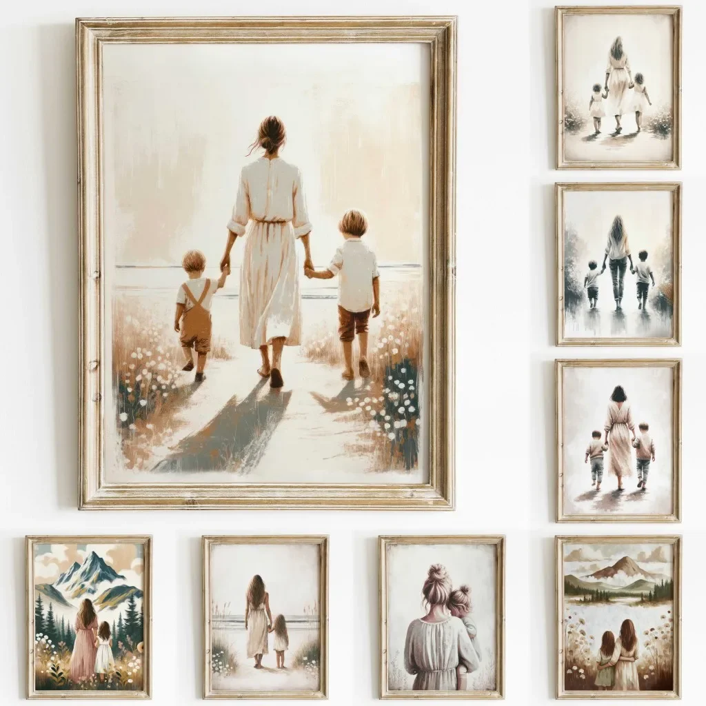 Mom & Child Wall Art Print Mother Daughter Son Portrait Printable Family Artwork Canvas Painting Living Room Bedroom Home Decor